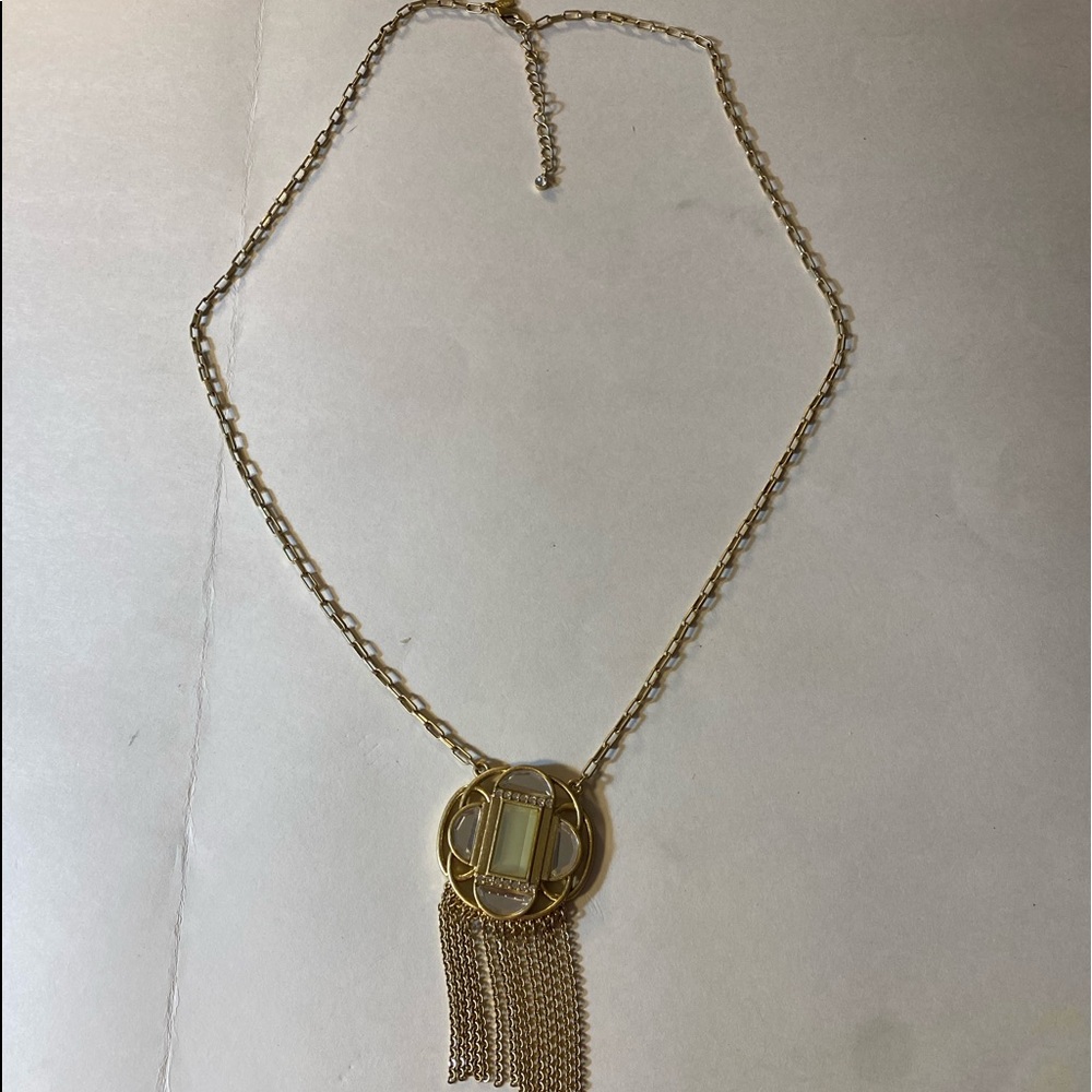 Lia Sophia “Compass” Necklace, Vintage, 32” w 3” ext, Soft Brasstone w Crystals